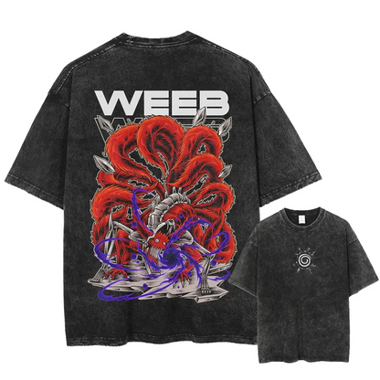  A black t-shirt with a distressed print of the Nine-Tails from Naruto, with the word "WEEB" written above it. The front of the shirt has a small print of the Naruto symbol
