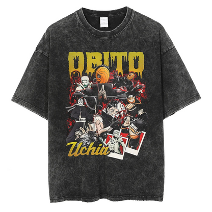 A black t-shirt with a distressed print of Obito Uchiha from Naruto. The image features multiple versions of Obito, including his masked form and his Ten-Tails Jinchuriki form. The text "Obito Uchiha" is written in bold letters below.