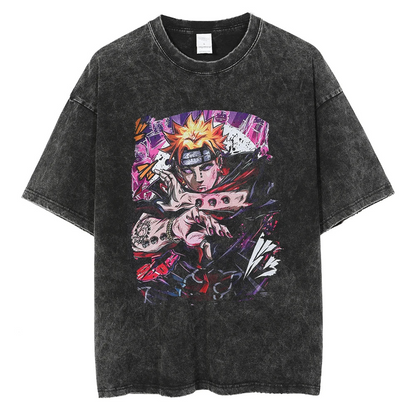 A black t-shirt with a distressed print of Pain from Naruto, in his iconic pose with the Rinnegan activated.