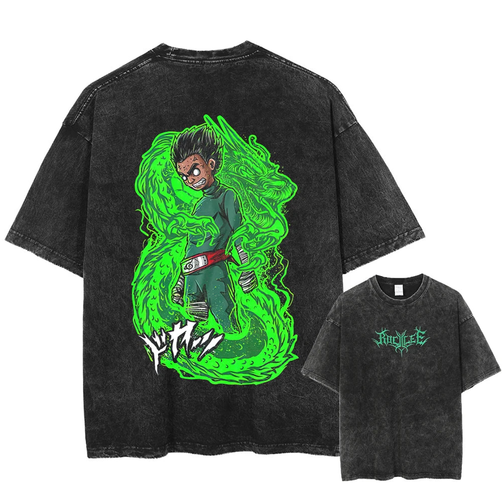 Black vintage oversized T-shirt featuring a vibrant design of Rock Lee in a fierce pose, surrounded by a glowing green aura shaped like a dragon. The back showcases bold Japanese text emphasizing his strength, while the front displays a subtle 'Rock Lee' logo in neon green near the chest, perfect for fans of Naruto and dynamic anime styles.