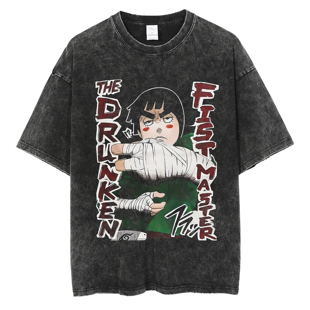 A black t-shirt with a distressed print of Rock Lee from Naruto. He is depicted in a fighting pose, with the text "The Drunken Fist Master" written around him