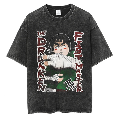 A black t-shirt with a distressed print of Rock Lee from Naruto. He is depicted in a fighting pose, with the text "The Drunken Fist Master" written around him