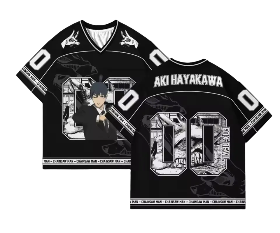 Black and white sports jersey with character illustration and text on a textured background