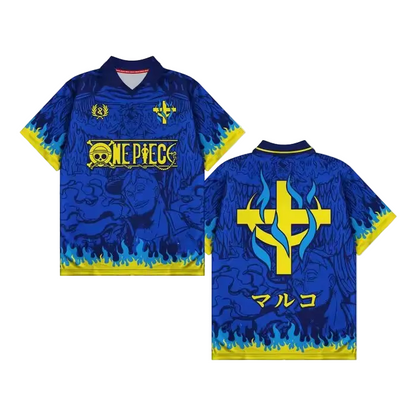 Blue and yellow 'One Piece' themed shirt with logo and design on a white background