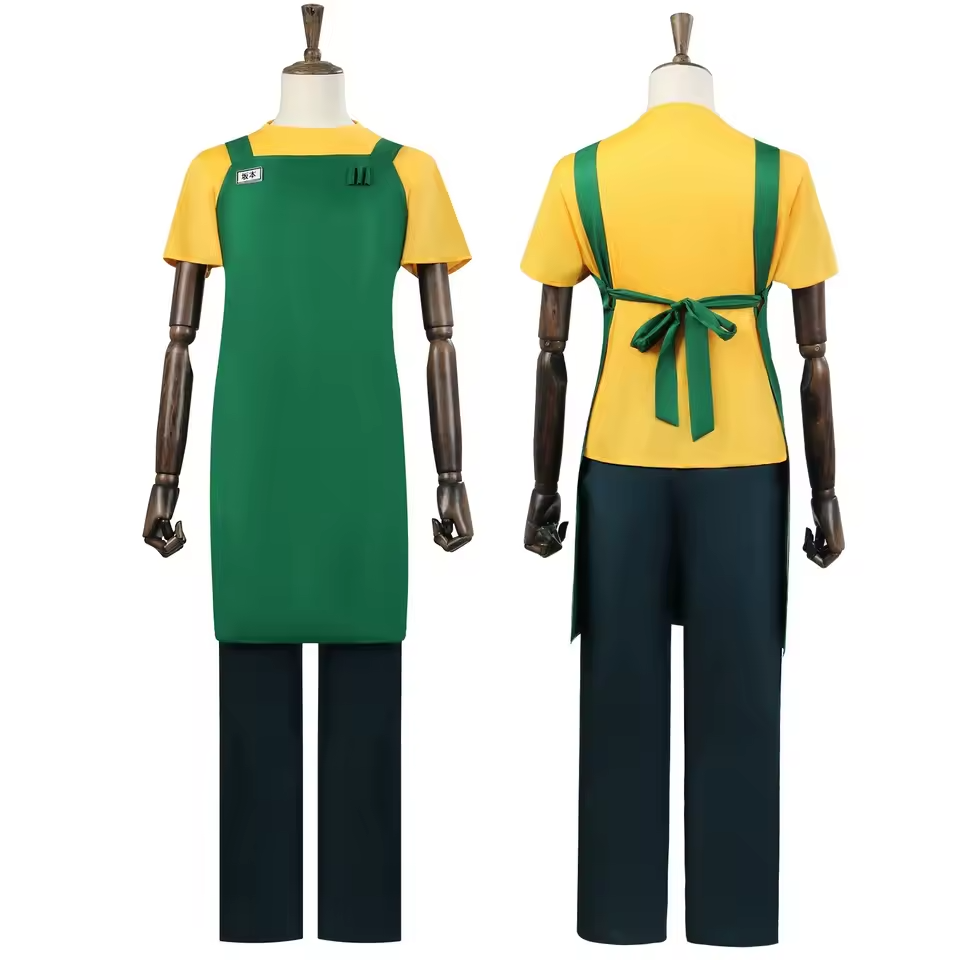 Green and yellow outfit on mannequins with a white background