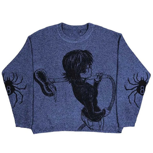 The image you sent is a blue sweater with a black image of Shizuku Murasaki, a character from the anime series Hunter x Hunter. The sweater also has the number 8 and a spider on the sleeves, which are references to Shizuku's role as the number 8 member of the Phantom Troupe.