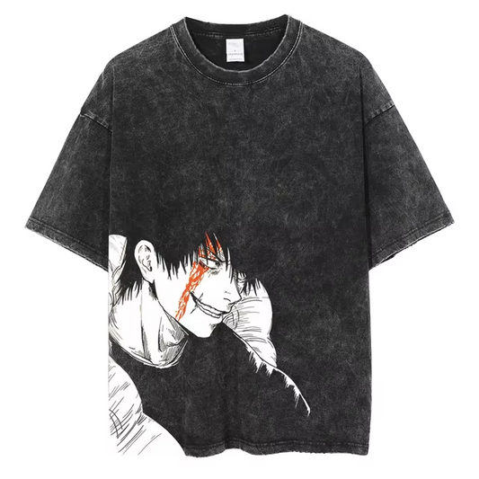 A black, distressed t-shirt featuring Sukuna from the anime series "Jujutsu Kaisen." The image shows Sukuna with a sinister smile and a scar on his face. The Japanese text on the shirt likely references the character or the series.