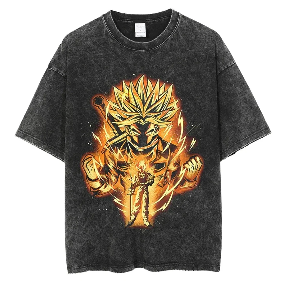 A black t-shirt with a distressed print of Future Trunks in his Super Saiyan form from the Dragon Ball series. The image shows Trunks powering up with a fiery aura.