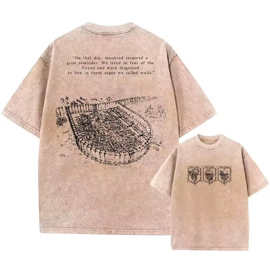 Front and back view of 240 GSM vintage sand acid wash tee. Front features Wall Sina, Rose, and Maria skull crests. Back features Attack on Titan walled city sketch and "grim reminder" quote.