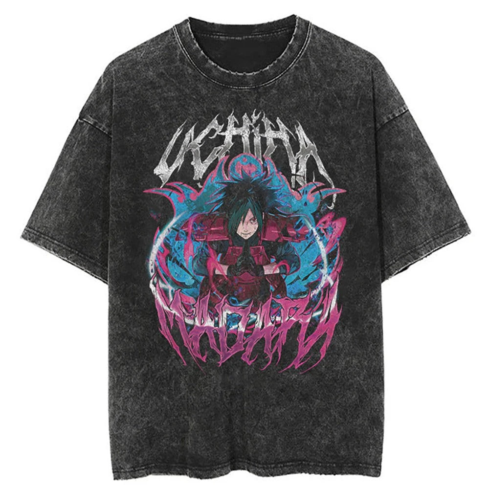 A black t-shirt with a distressed print of Sasuke Uchiha from Naruto, with the text "Uchiha Sasuke" in a metal font