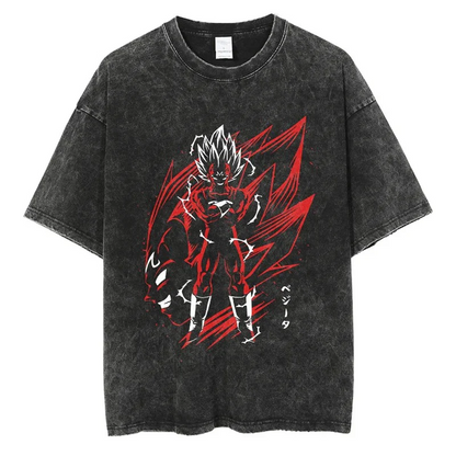 A black t-shirt with a distressed print of Vegeta in his Super Saiyan Blue form from the Dragon Ball series. The text "ベジータ" (Vegeta in Japanese) is written in bold letters.