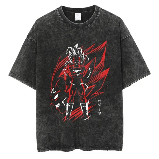 A black t-shirt with a distressed print of Vegeta in his Super Saiyan Blue form from the Dragon Ball series. The text "ベジータ" (Vegeta in Japanese) is written in bold letters.