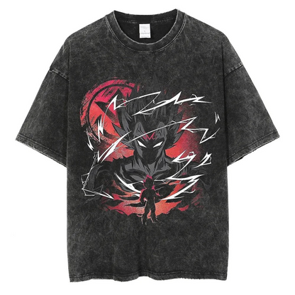 A black t-shirt with a distressed print of Vegeta in his Super Saiyan form from the Dragon Ball series. The image shows Vegeta powering up with a fiery aura.