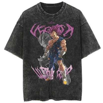 A black t-shirt with a distressed print of Vegeta in his Ultra Ego form from the Dragon Ball series. The text "VEGETA" is stylized in a bold font.