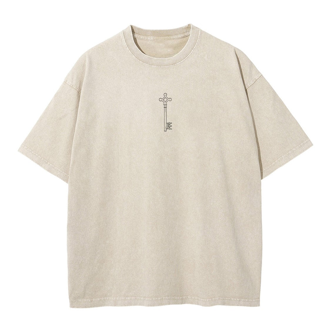 Front view of vintage sand acid wash tee featuring minimalist Attack on Titan basement key graphic.