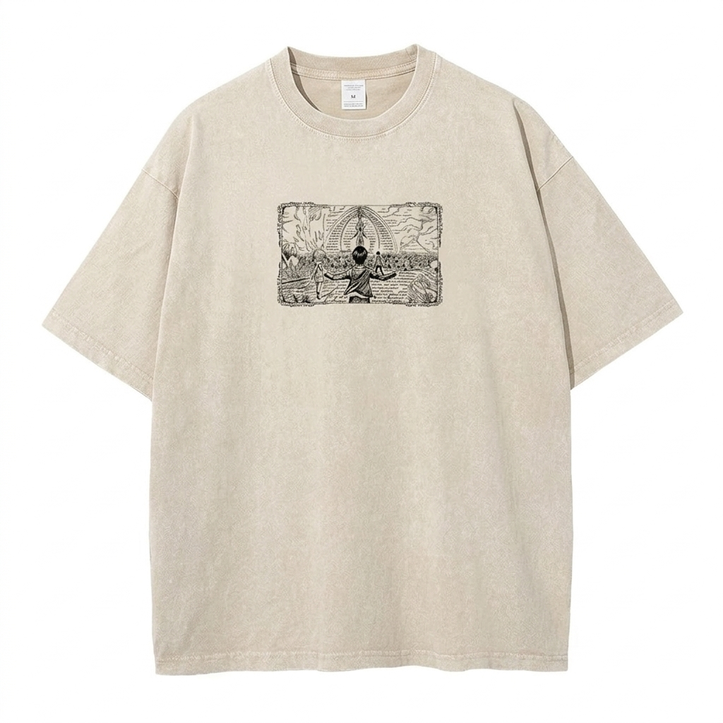 Front view of vintage sand acid wash tee featuring Attack on Titan paths scene graphic