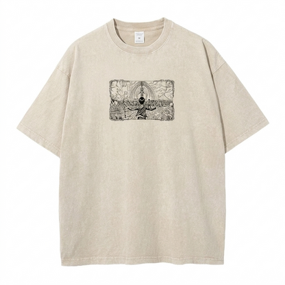 Front view of vintage sand acid wash tee featuring Attack on Titan paths scene graphic