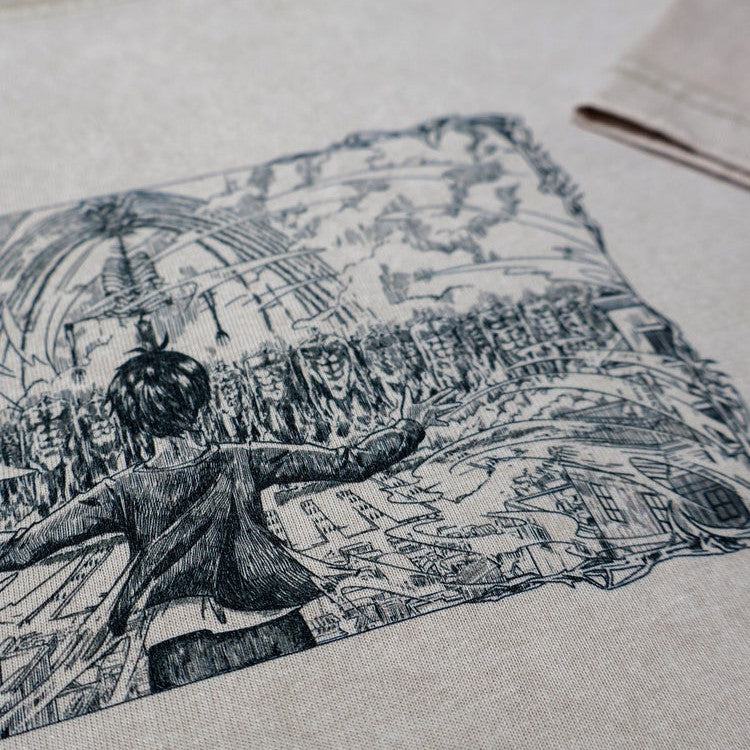 Macro close up of Attack on Titan paths coordinate graphic on vintage sand heavyweight cotton.