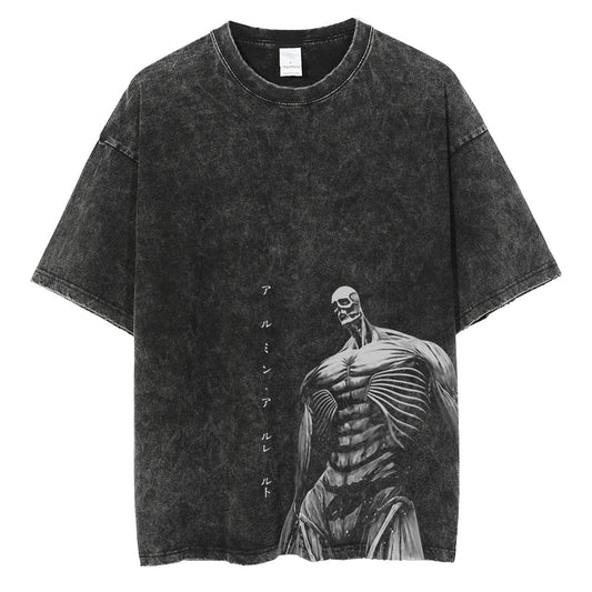 Front view of oversized 240 GSM vintage black acid wash t-shirt featuring Attack on Titan Armin Colossal Titan graphic and vertical Japanese katakana.