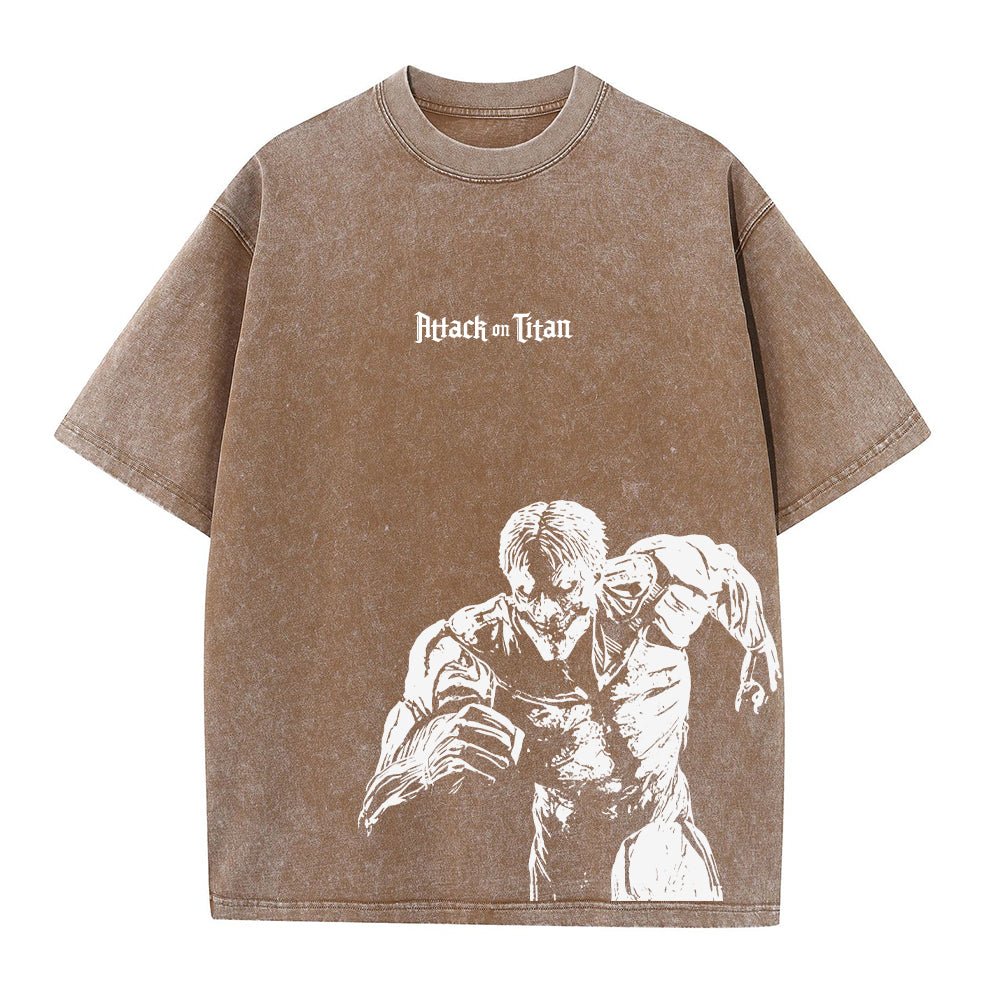 Front view of oversized 240 GSM vintage brown acid wash t-shirt featuring gothic Attack on Titan logo and Armored Titan charging graphic.
