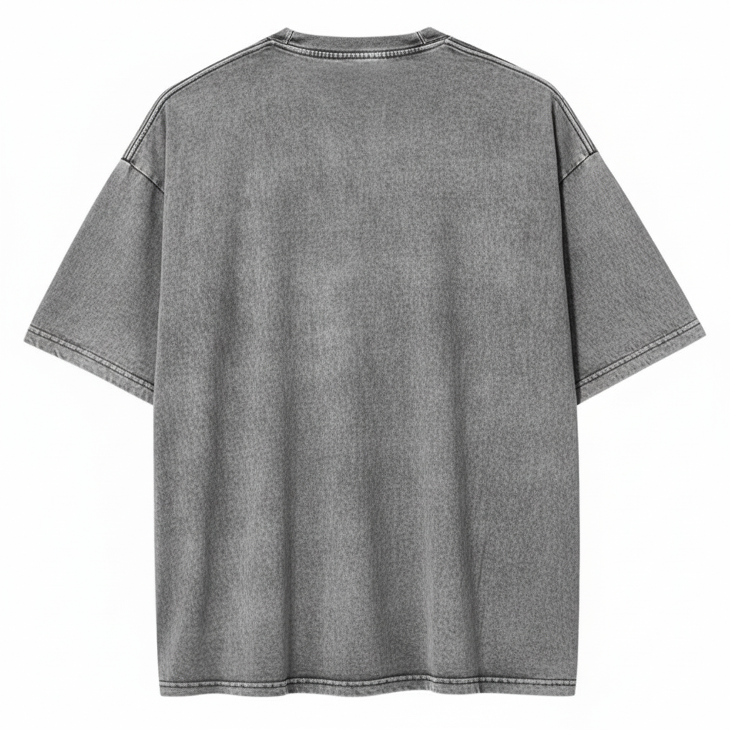 Back view of blank vintage grey acid wash t-shirt featuring a drop shoulder oversized fit.