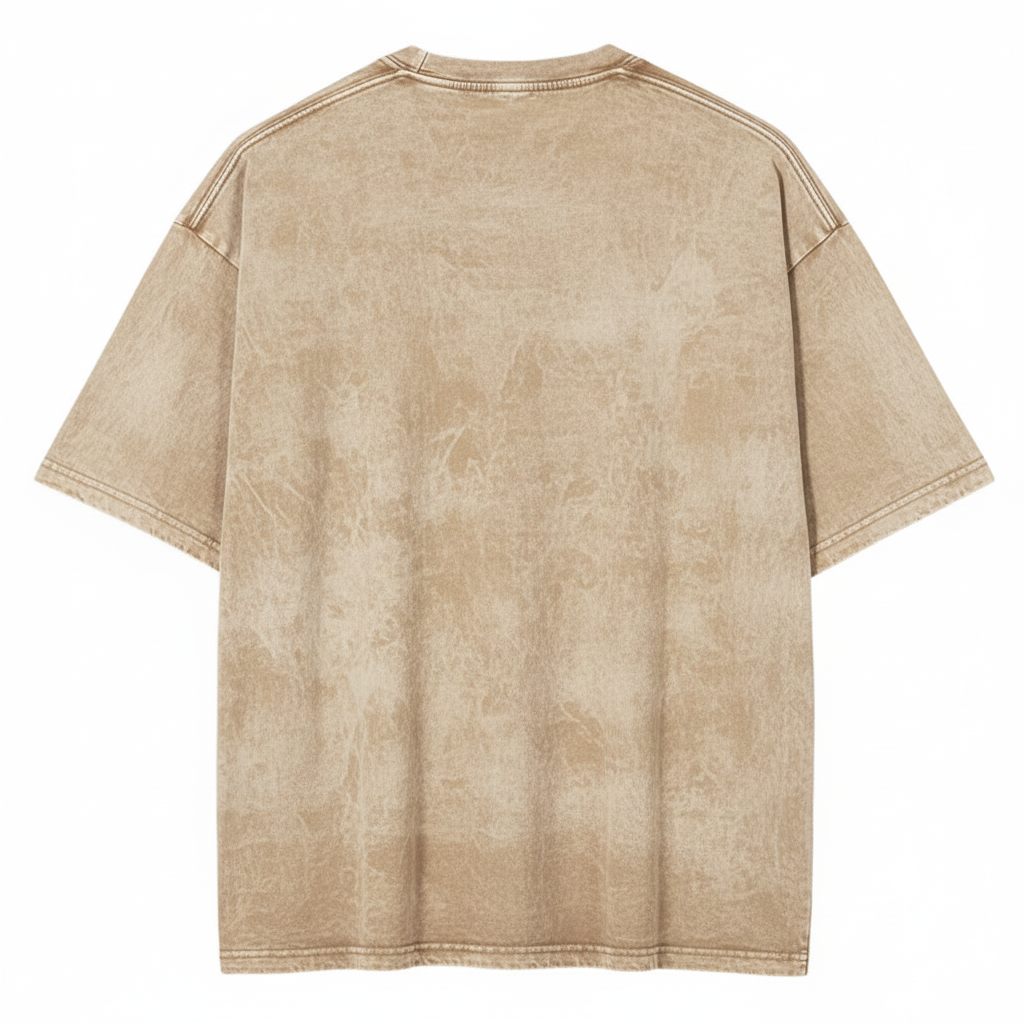 Flat lay back view of a blank vintage brown acid wash oversized streetwear t-shirt showing heavy fabric texture.