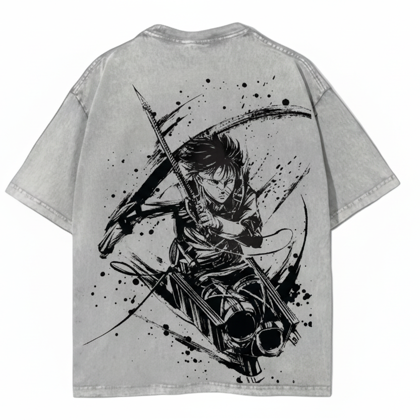 Back view of vintage grey Attack on Titan t-shirt featuring massive sumi-e ink splatter graphic of Season 4 bandaged Captain Levi using ODM blades.