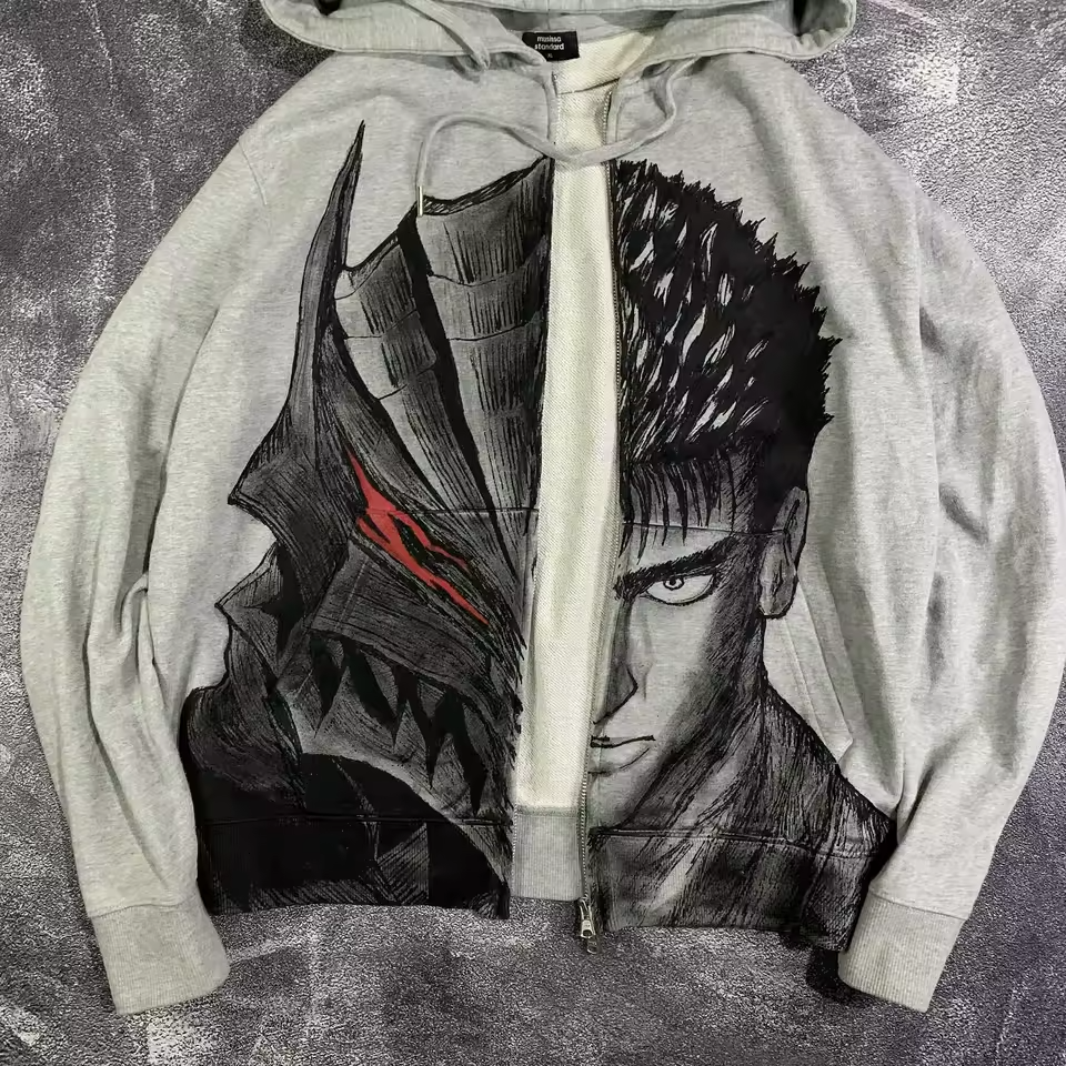 Heather grey zip-up hoodie shown open to highlight the large-scale Guts vs Berserker Armor manga graphic.