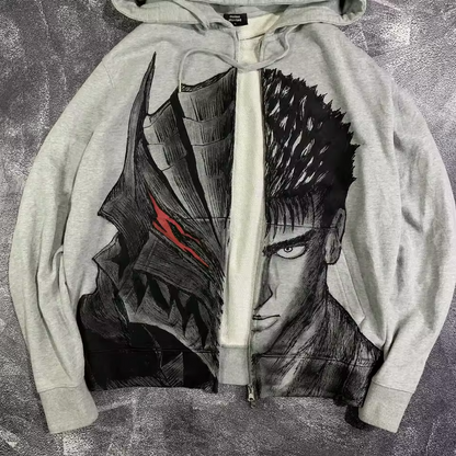 Heather grey zip-up hoodie shown open to highlight the large-scale Guts vs Berserker Armor manga graphic.