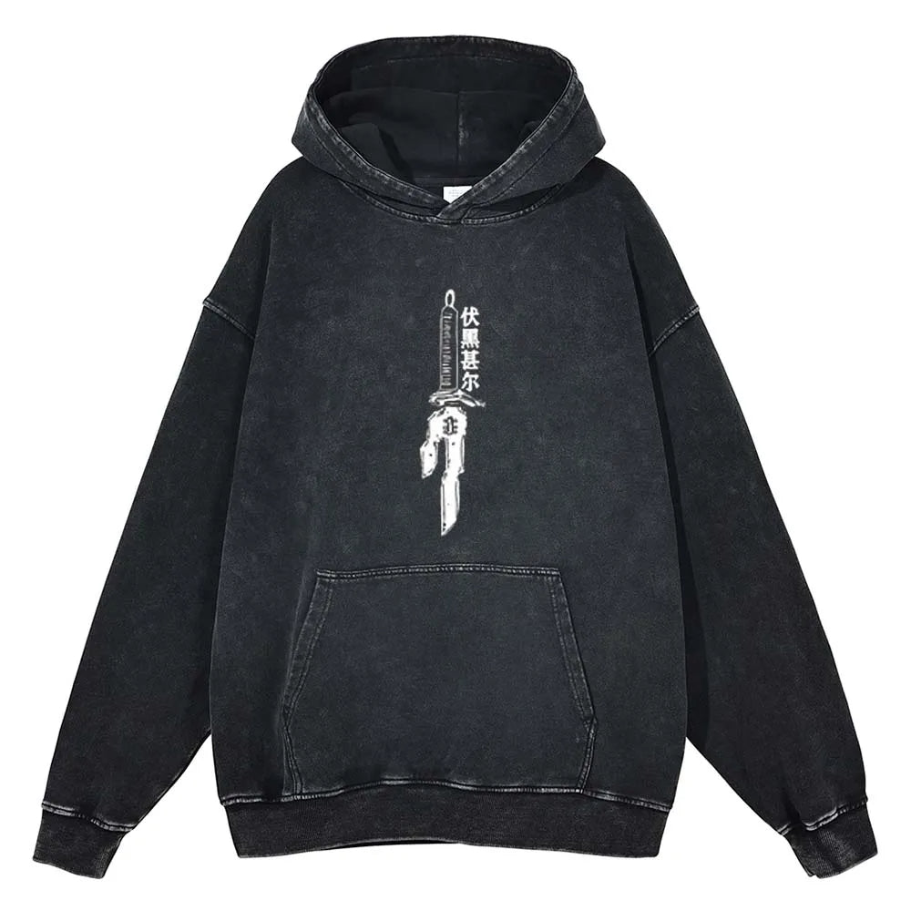 A black vintage hoodie featuring a graphic of an inverted spear and text on the front.