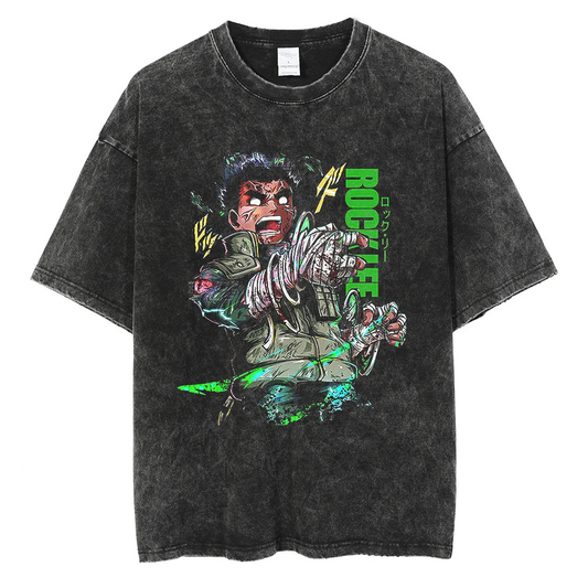 A black t-shirt with a distressed print of Rock Lee from Naruto. He is depicted in a dynamic pose, with green energy surrounding him. The text "Rock Lee" is written in bold letters above him