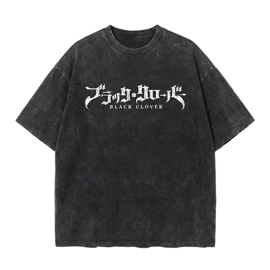 vintage black washed tshirt with black clover in pain text and japanese text