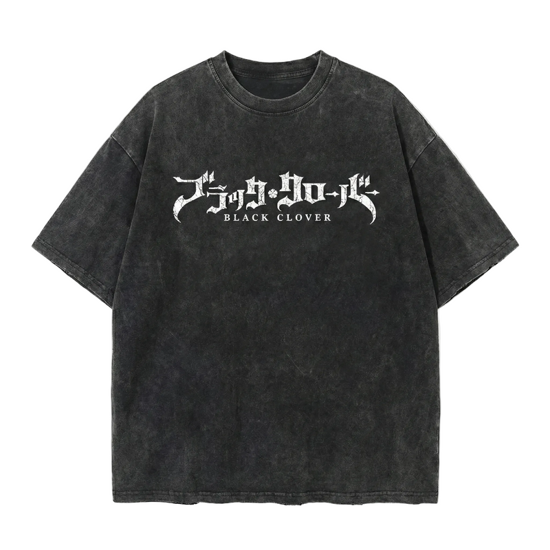 vintage black washed tshirt with black clover in pain text and japanese text