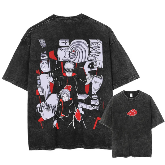 A black t-shirt with a distressed print of Akatsuki members from Naruto. The back of the shirt features a collage of various Akatsuki members, including Pain, Itachi, and Kisame. The front of the shirt has a simple Akatsuki cloud symbol. 
