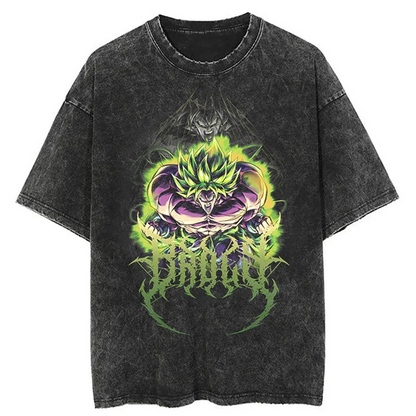 A black t-shirt with a distressed print of Broly from the Dragon Ball series. The image features Broly in his Legendary Super Saiyan form, with the text "BROLY" stylized in a bold font.