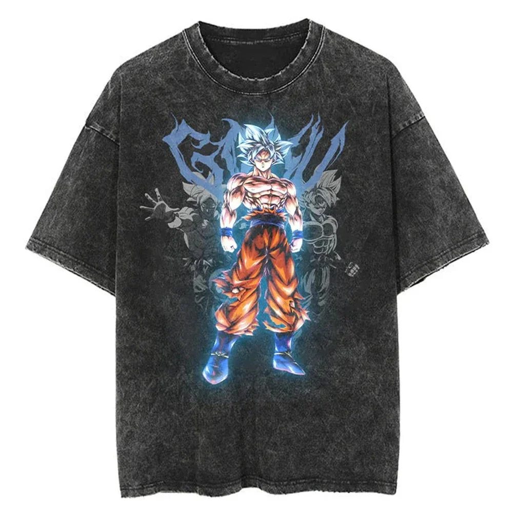 This is a black t-shirt featuring Goku in his Ultra Instinct form. The design is distressed for a vintage look, and the text "Goku" is stylized in a bold font