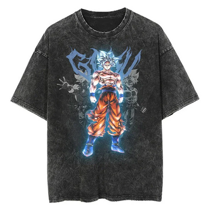 This is a black t-shirt featuring Goku in his Ultra Instinct form. The design is distressed for a vintage look, and the text "Goku" is stylized in a bold font