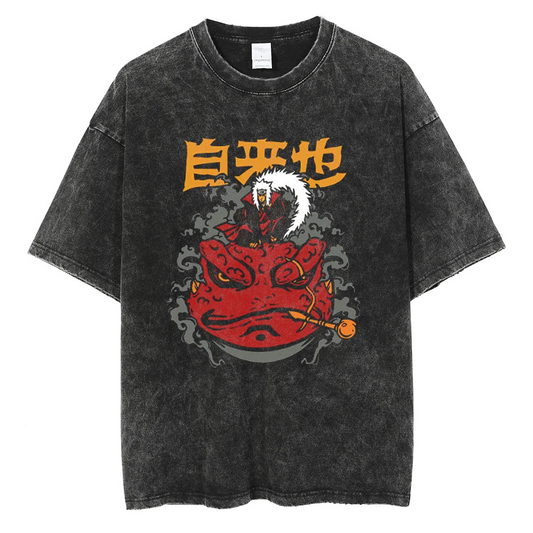 A black t-shirt with a distressed print of Jiraiya from Naruto. The image features Jiraiya sitting on Gamabunta, his giant toad summon. The Japanese text "Jiraiya" is written above them