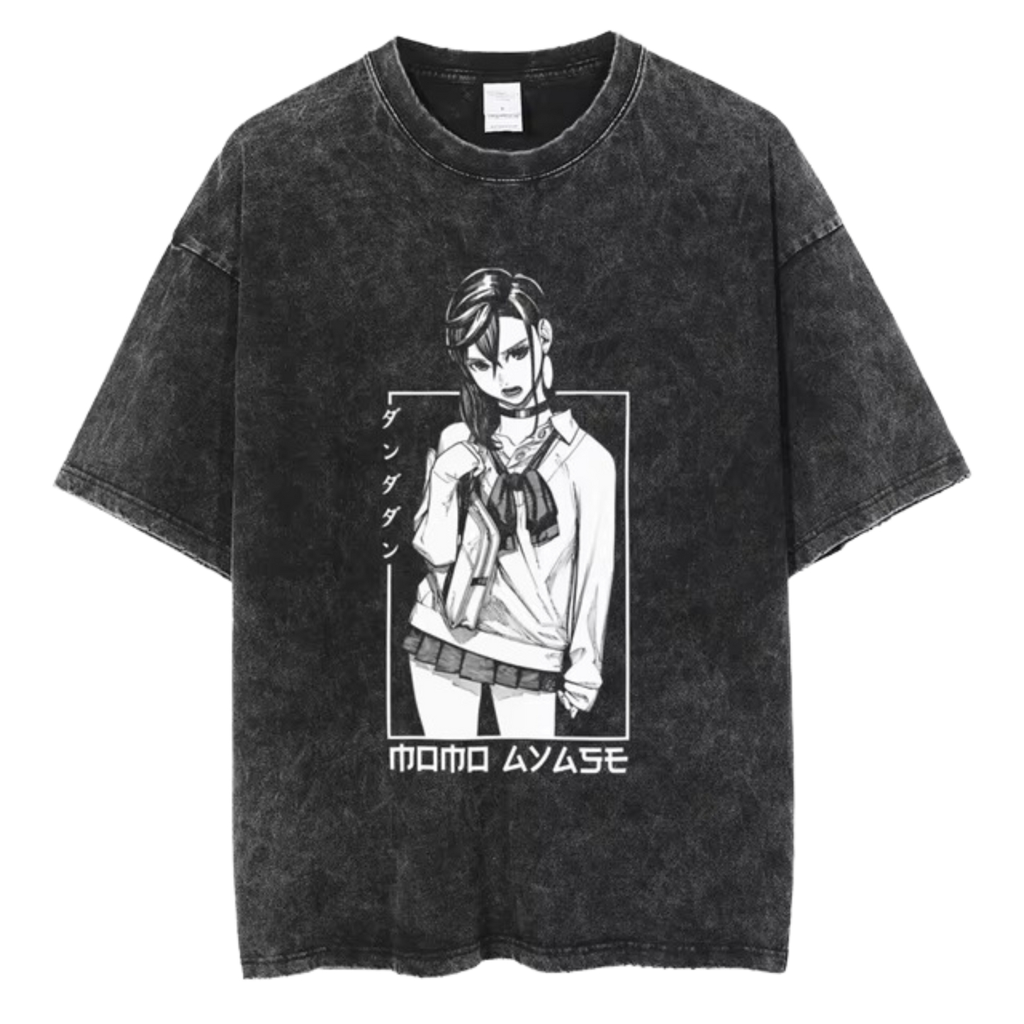 A black t-shirt with a distressed print of Momo Ayase from the manga series "Dandadan." She is depicted in a seductive pose, with the Japanese text "タツヤ" (Tatsuya) written above her. The text "MOMO AYASE" is written in bold letters below the image.