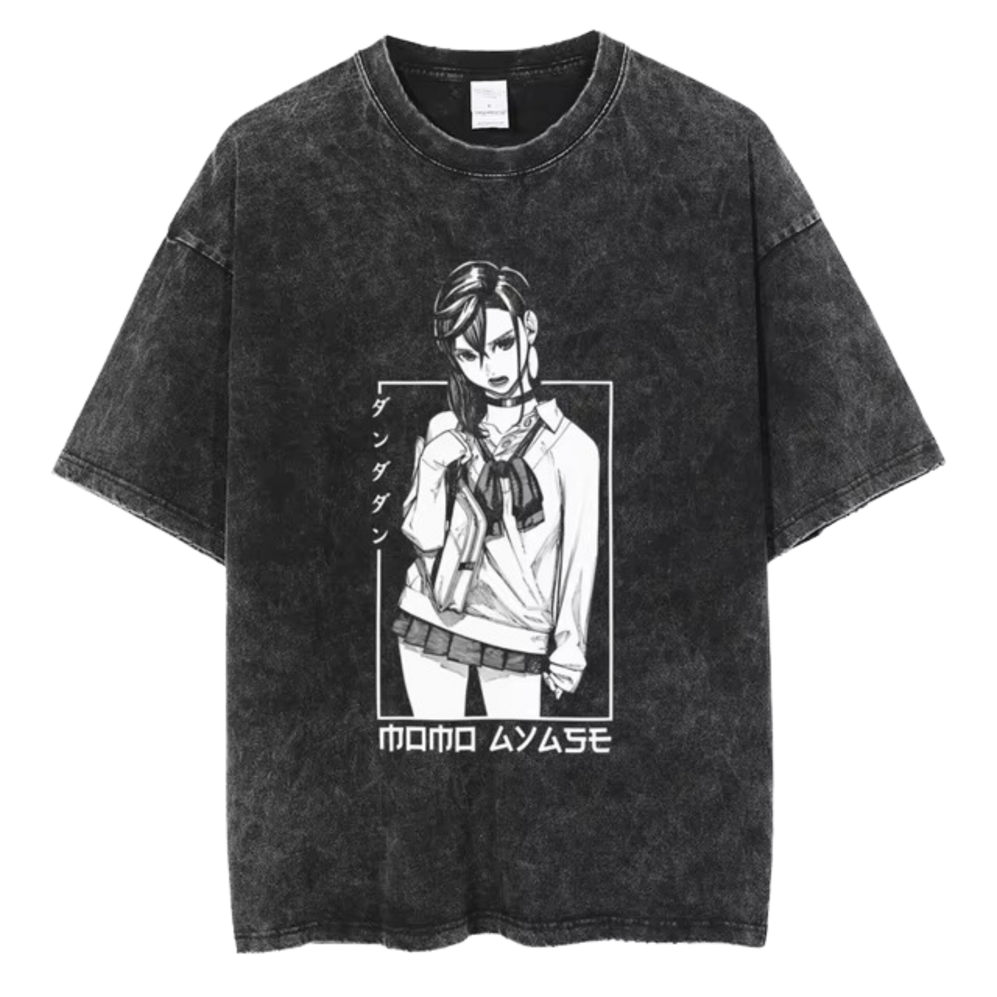 A black t-shirt with a distressed print of Momo Ayase from the manga series "Dandadan." She is depicted in a seductive pose, with the Japanese text "タツヤ" (Tatsuya) written above her. The text "MOMO AYASE" is written in bold letters below the image.