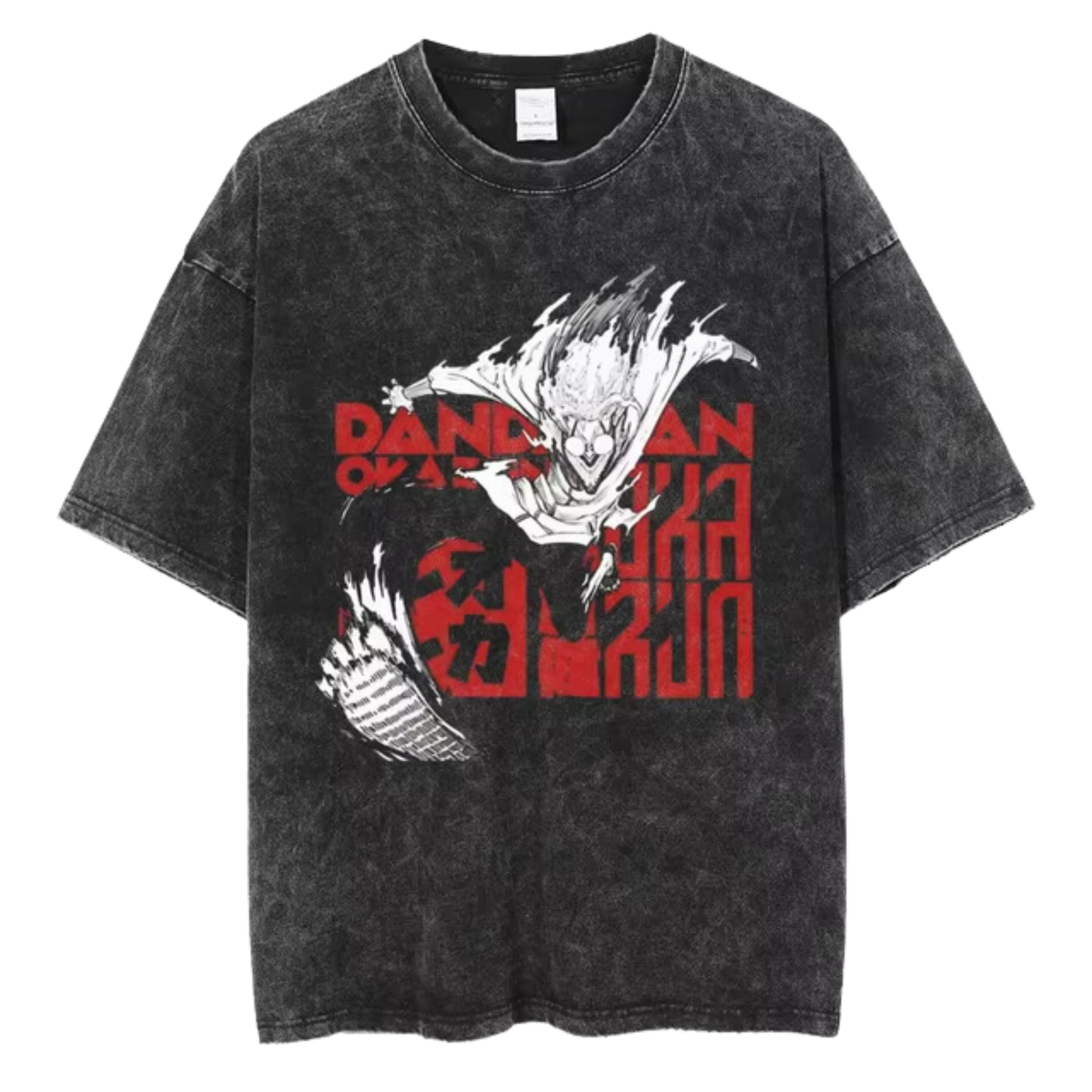 A black t-shirt with a distressed print of Okarun, a character from the manga series "Dandadan." He is depicted in a dynamic pose, with the word "DANDAN" written in red letters above him.