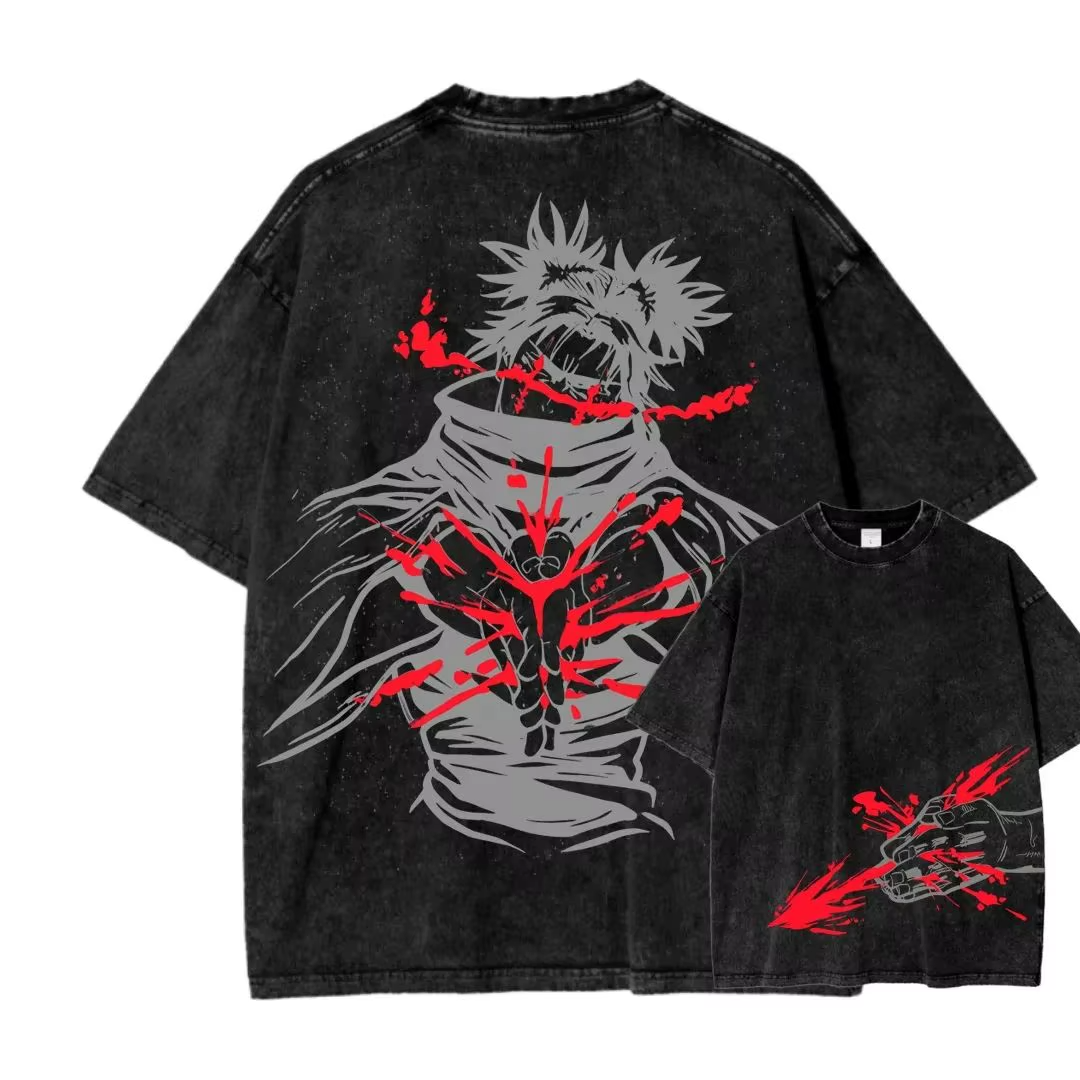 Front and back view of oversized 240 GSM vintage black acid wash tee. Front features an asymmetrical lower-torso graphic of Choso's Piercing Blood hand sign. Back features a massive graphic of Choso with bright red blood manipulation effects