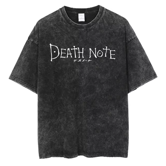 This is a Death Note t-shirt. It features the iconic Death Note logo in white, printed on a black, acid-washed t-shirt