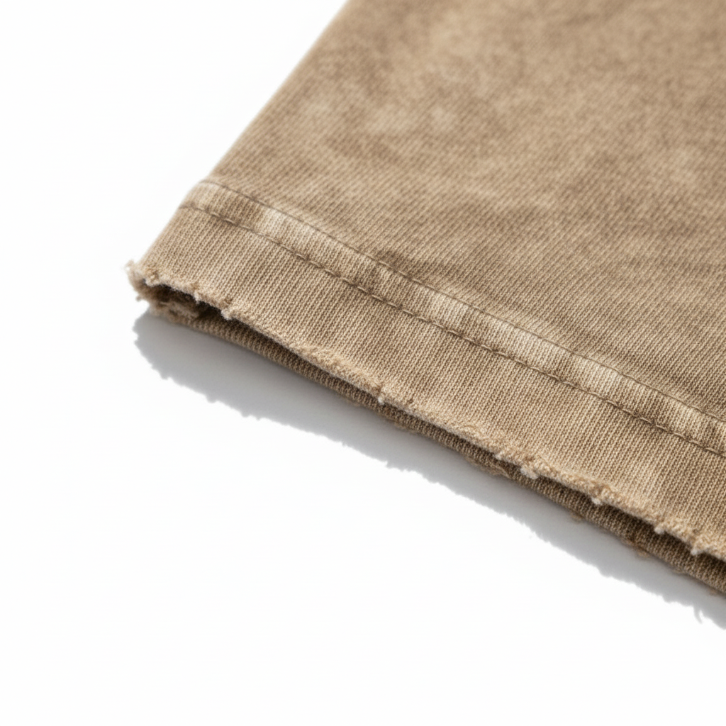 Macro detail of double-needle stitching and frayed distressed bottom hem on a vintage brown acid wash tee.