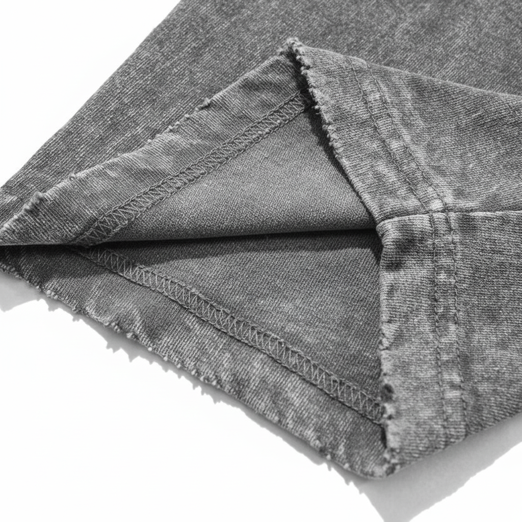 Close up of distressed bottom hem and double needle stitching on 240 GSM acid wash cotton.