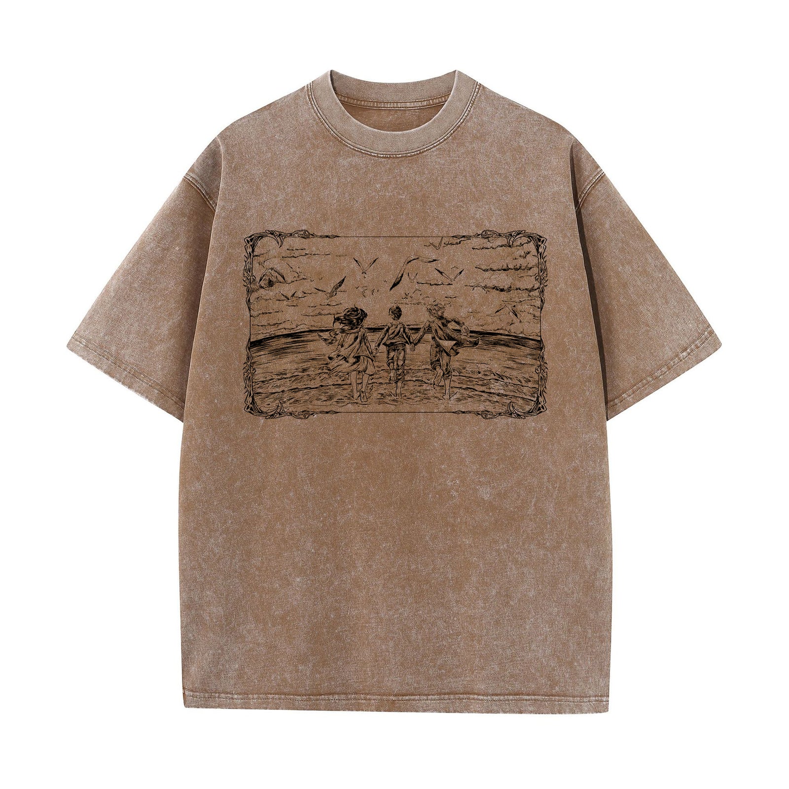 Front view of vintage brown acid wash t-shirt featuring framed graphic of Eren, Mikasa, and Armin at the ocean.