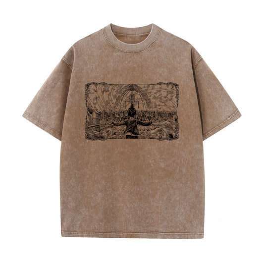 Front view of vintage brown acid wash t-shirt featuring framed graphic of Eren facing the Rumbling and Wall Titans.
