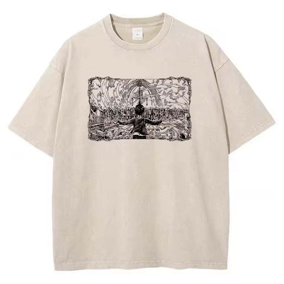 Front view of vintage sand acid wash t-shirt featuring framed graphic of Eren facing the Rumbling and Wall Titans.