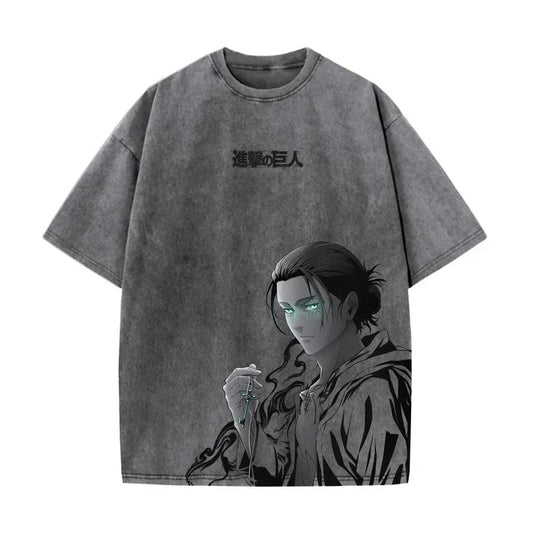 Vintage grey acid wash oversized t-shirt featuring Attack on Titan Eren Yeager holding a key