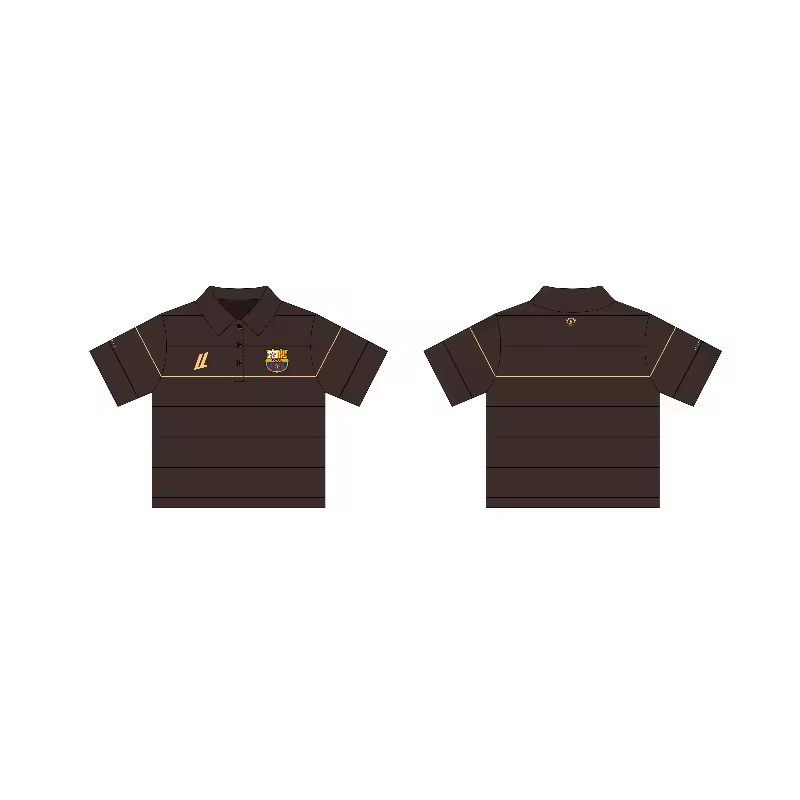 Front and back tech mockup of the Mocha brown earth-tone striped oversized heritage polo featuring the FCUL embroidered crest